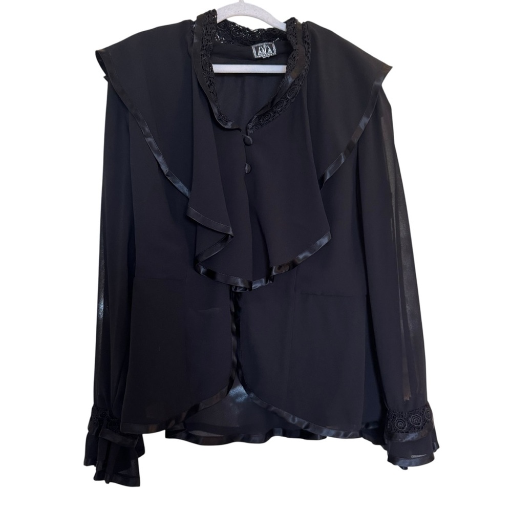 Vintage Sailor Collar Rayon Blouse / Black Elegant Crepe Shirt